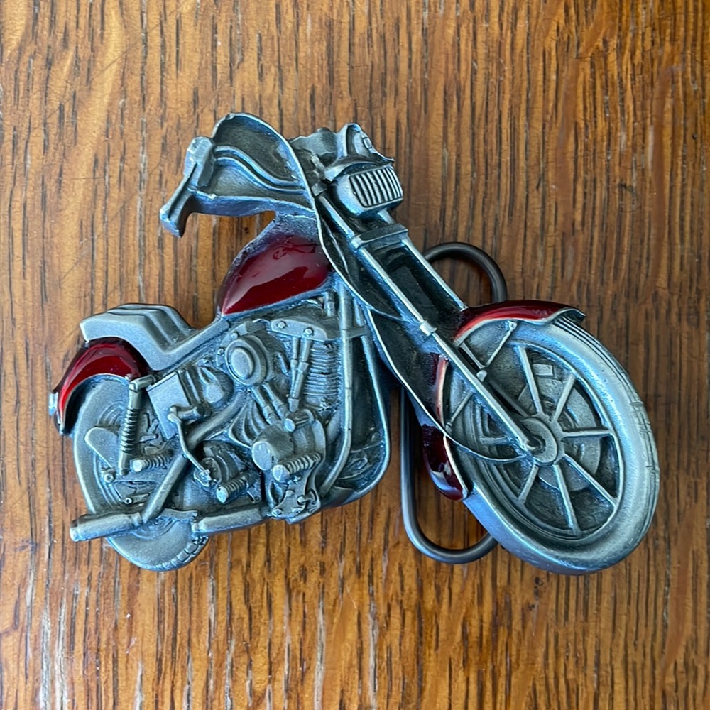 Bergamot Brass Works Belt Buckle Motorcycle with red